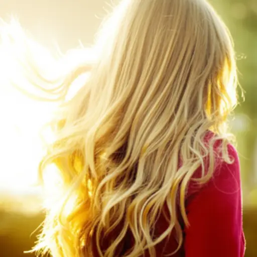 她的金发在阳光下闪闪发光。