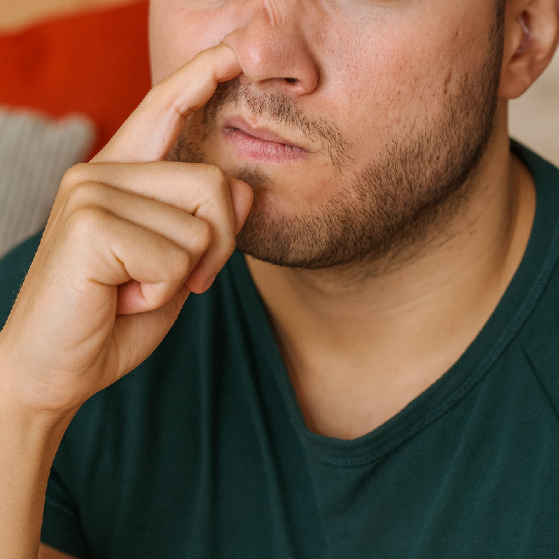 他正在挖鼻孔。