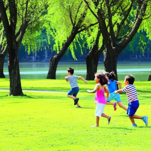 孩子们在河边开阔的空地上玩耍。