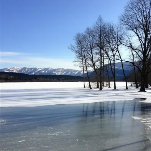 冬天湖面结冰了。