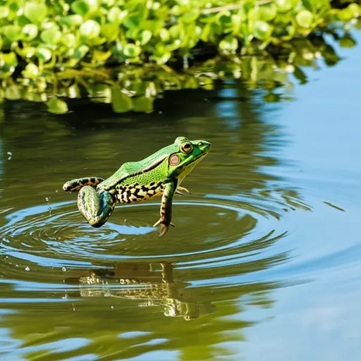 我看到一只绿色的青蛙跳进了池塘。