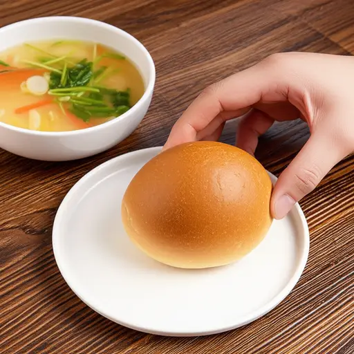 我喝汤时吃了一个小面包。