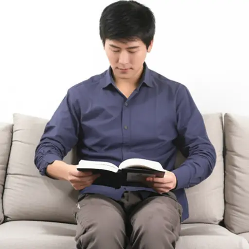 他安静地坐在沙发上，读着一本书。