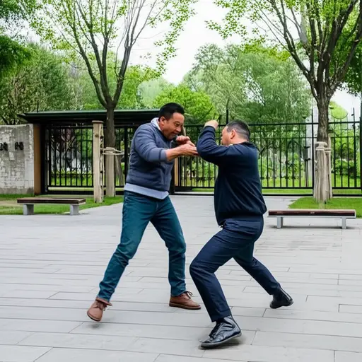 两个男人在公园外打架。