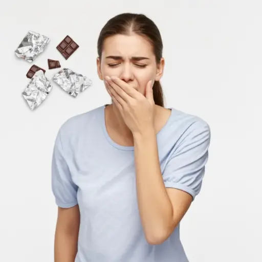 她吃了太多巧克力后呕吐了。