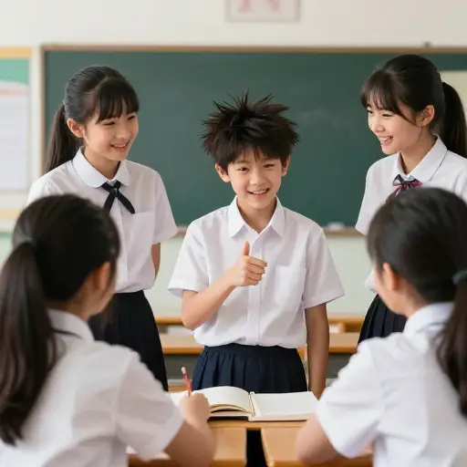 他的同学们嘲笑他奇怪的发型。