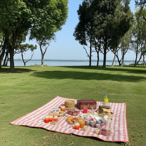 周末我们去公园野餐，那里有美丽的湖泊和茂密的树林。
