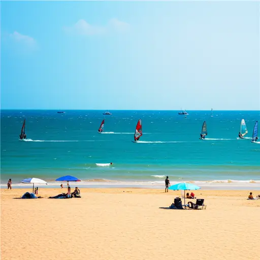 我们在海边看到了很多人在玩帆板运动。