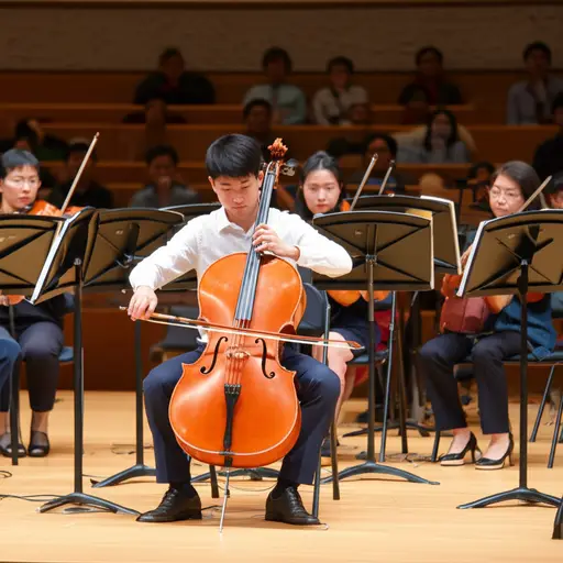 我的朋友在当地的社区乐团中演奏大提琴。