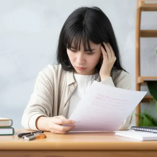 她失望地看到她的论文被返还，上面有大量用红笔写的更正。
