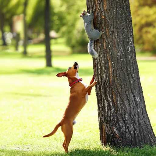 狗追着松鼠跑上了树。