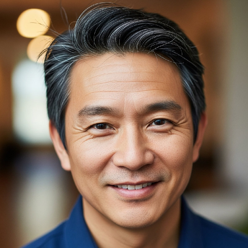 他的黑发里夹杂着几根白发。