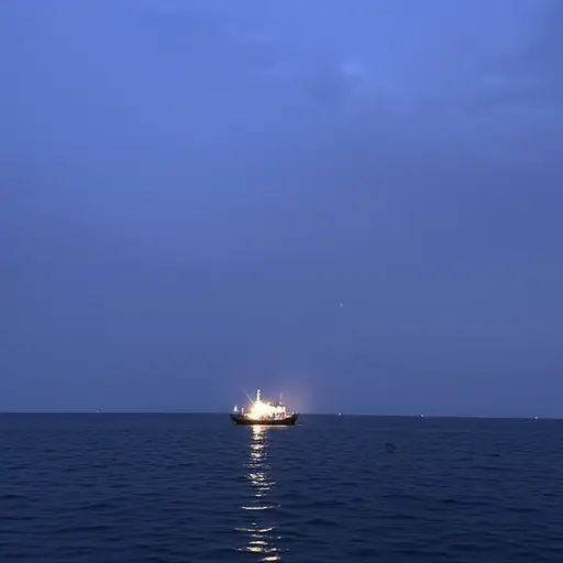 一艘远方船只的灯光在地平线上闪烁。