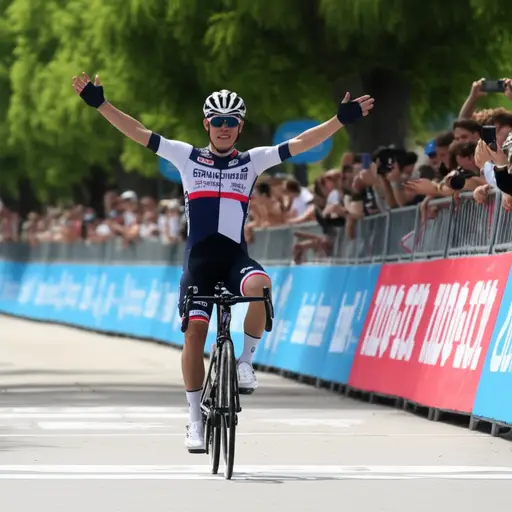 赢得自行车赛的骑手高举双臂庆祝胜利。
