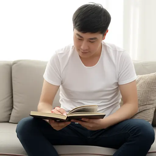 他安静地坐在沙发上，读着一本书。