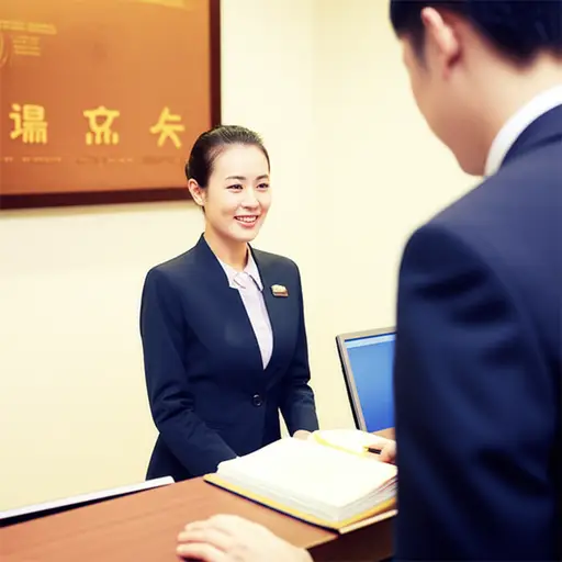 酒店前台的服务员正坐在接待处帮客人办理入住。