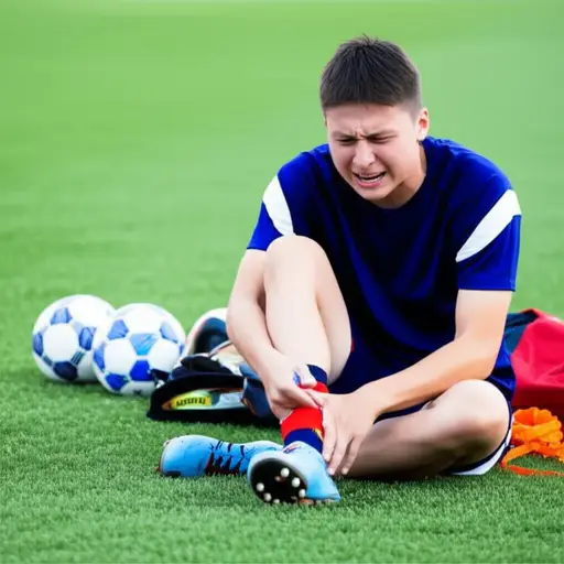 我踢足球时扭伤了脚。