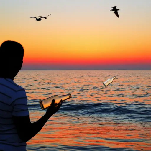 他把瓶子扔进海浪中，看着它漂浮出海。