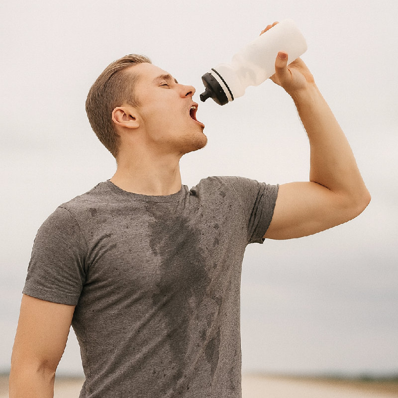 他跑步后喝水。