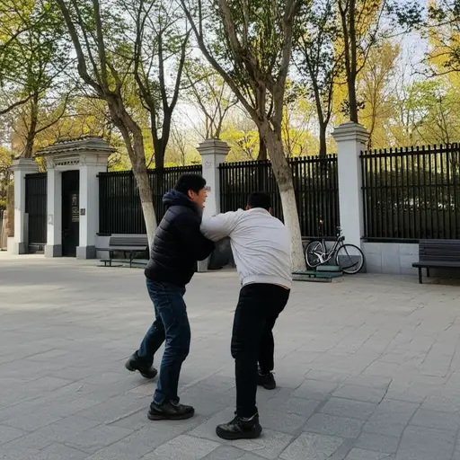 两个男人在公园外打架。