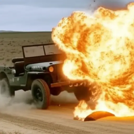 吉普车在路上撞上隐藏的地雷后爆炸了。