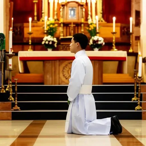 他在祭坛前单膝跪地。