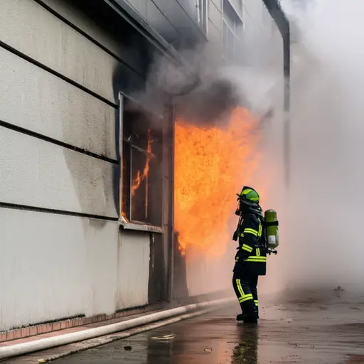 消防员勇敢地进入了燃烧的大楼。
