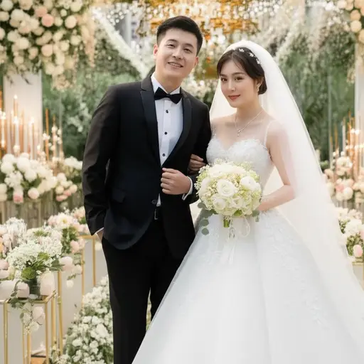 新娘和新郎正在摆姿势拍照。