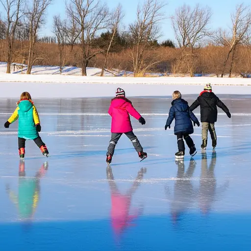 孩子们在结冰的湖面上滑冰时要小心薄冰。