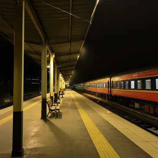 我们在午夜时分到达了火车站。