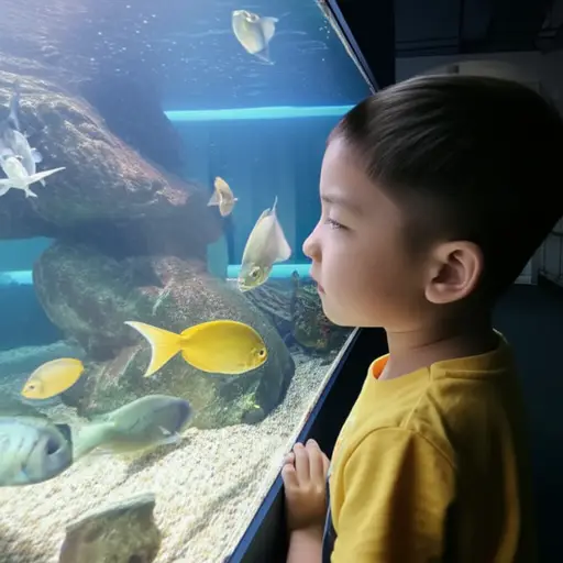 那孩子把鼻子贴在玻璃上看鱼。