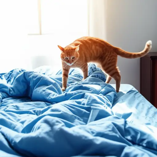 我的猫喜欢在早上跳到我的床上。