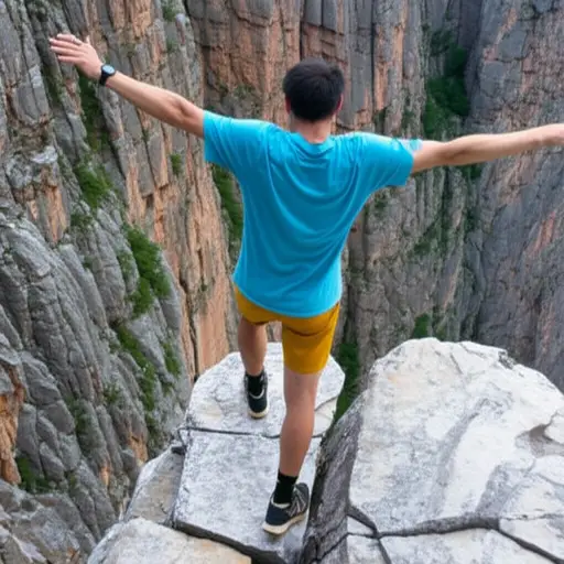 他小心翼翼地走在狭窄的岩架上，用手臂来维持平衡。