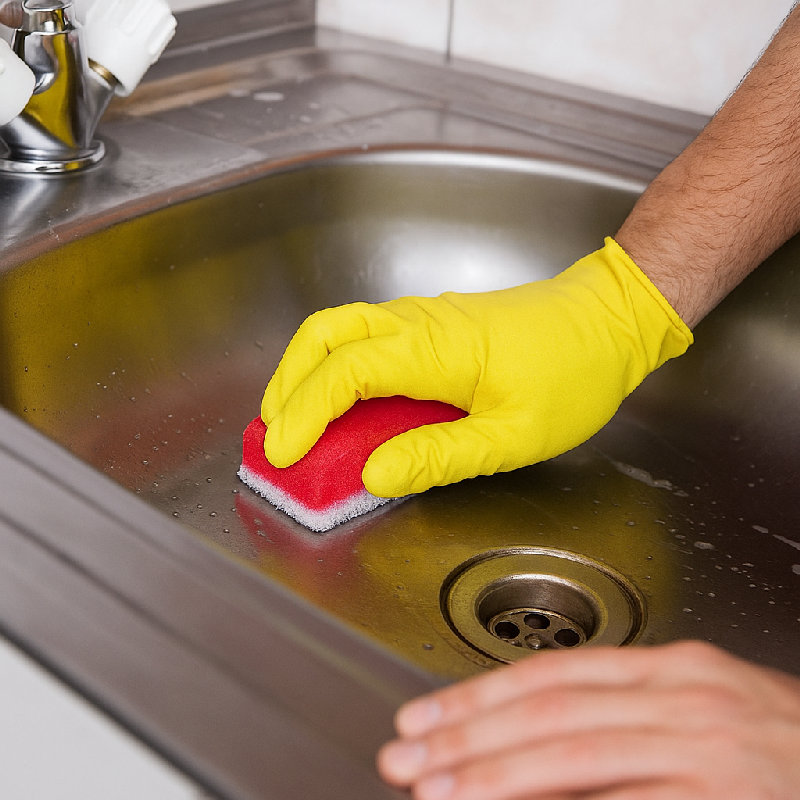 他用海绵擦洗水槽。