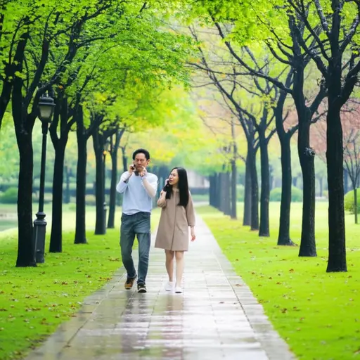 雨一停，我就打电话给我的朋友，我们都在公园里继续散步。