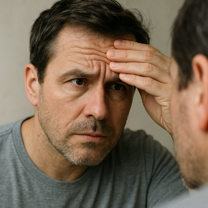 他照镜子时注意到额头上新出现的皱纹。