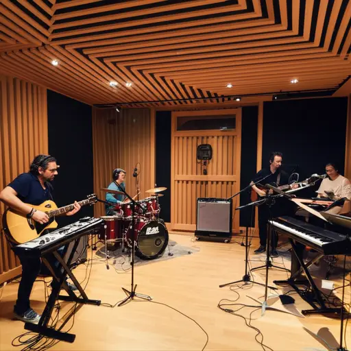 乐队在录音室里录制了他们的新单曲。