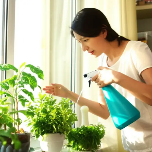 她每天早晨都规律地给植物浇水。