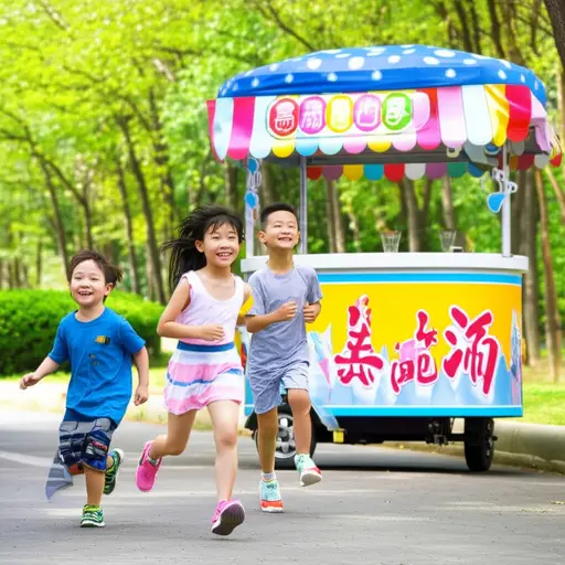孩子们兴奋地跑向冰淇淋车。