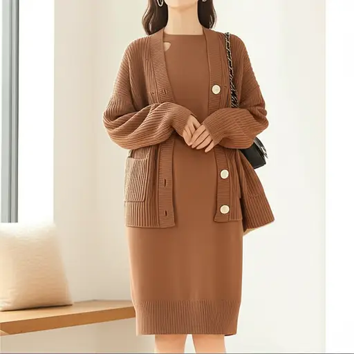 她在连衣裙外穿了一件舒适的羊毛开衫。