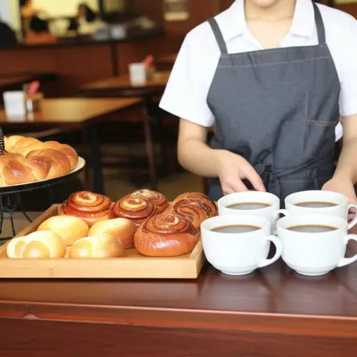 我在咖啡馆卖甜面包和咖啡。