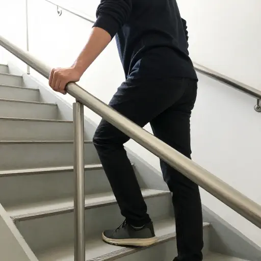 下楼梯时总是抓住扶手以支撑身体。
