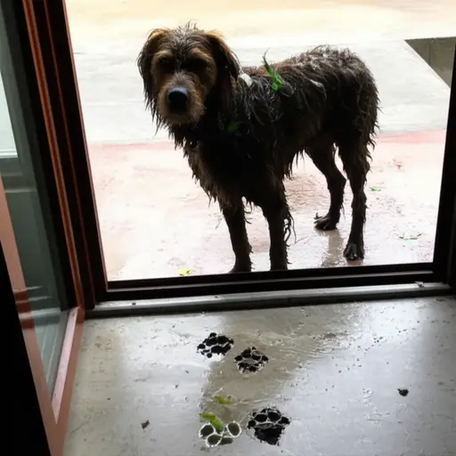 在雨里玩过之后，狗狗进来时皮毛都脏兮兮的。