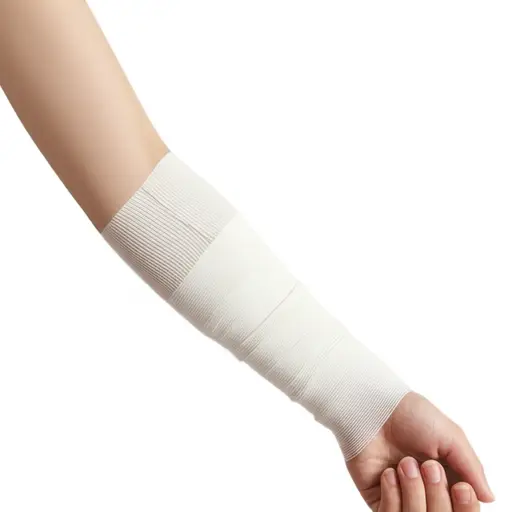 她的手臂从肘部到手指都缠着绷带。