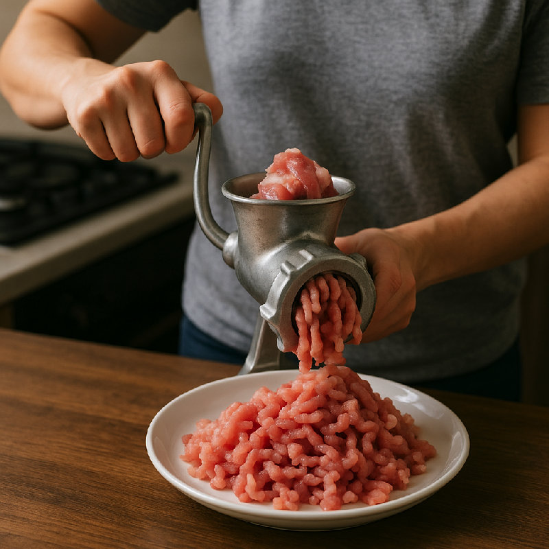 她把猪肉搅碎了做馅。