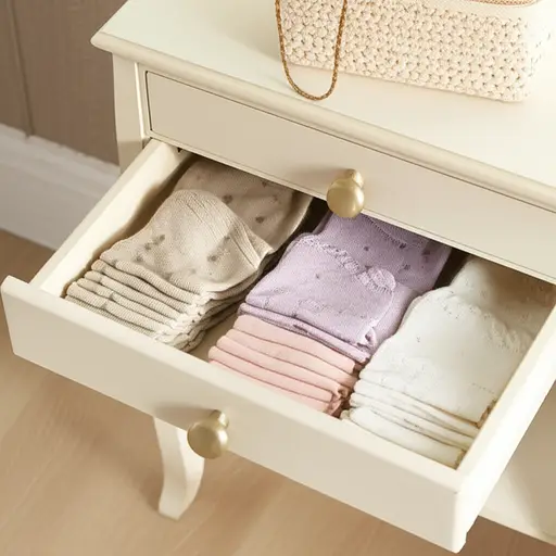 我把袜子放在梳妆台最上面的抽屉里。