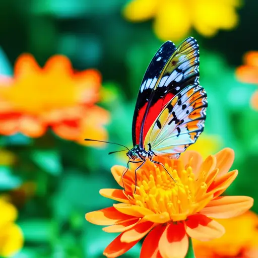 一只美丽的蝴蝶落在花朵上，展示着它色彩斑斓的翅膀。