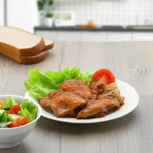 他把鸡肉烧焦了，所以我们只有沙拉和面包。