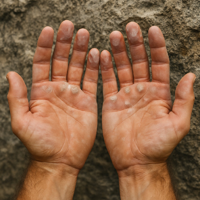 多年攀岩让他的双手长满老茧，可以毫不费力地抓住最粗糙的岩石。