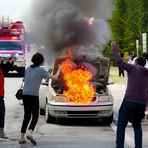 汽车发动机着火了，所以我们立即叫了消防员。